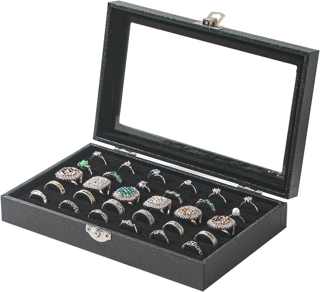 Compact Ring Organizer Box with Glass Lid – 30-Slot Velvet Ring & Cufflinks Storage Case, Portable Travel Jewelry Box, Elegant Black Gift for Girls & Women